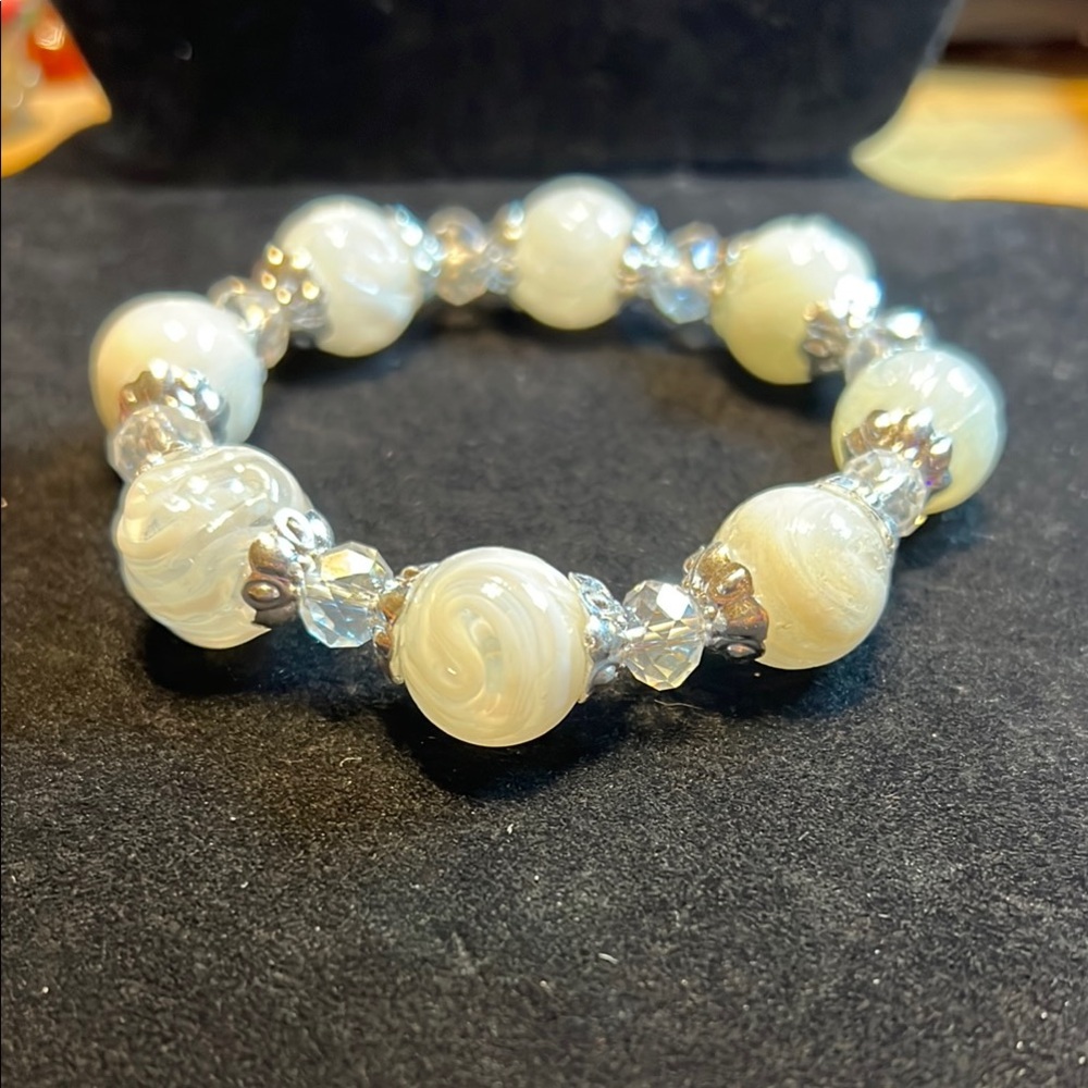 White Swirl Glass and AB Beaded Stretch Bracelet